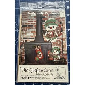Vtg Gingham Goose Pattern Holly Jolly Snowmen-Cardholder, Centerpiece, Stocking